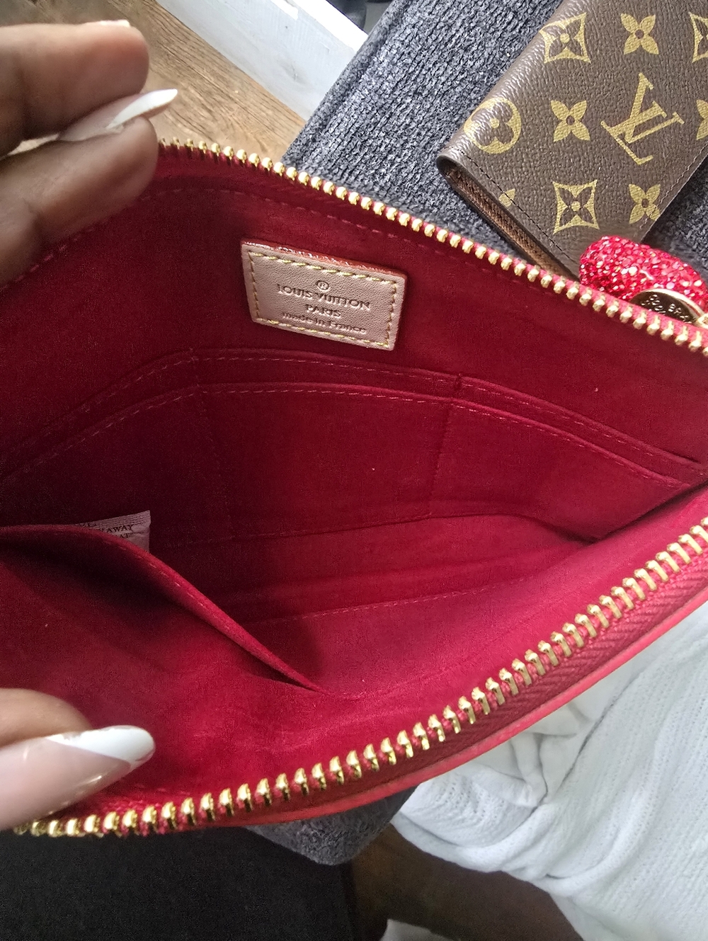 Signture To go Monogram Canvas  Clutch in Red Trim/wallet & Crystal Charm Bundle - Picture 10 of 12